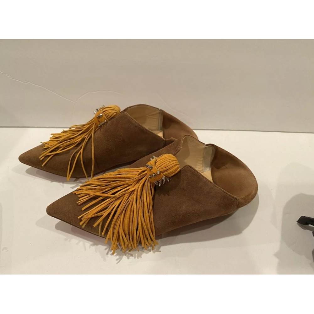 Christian Louboutin suede flat slippers slip on brown fringe studded 34 - Picture 5 of 13